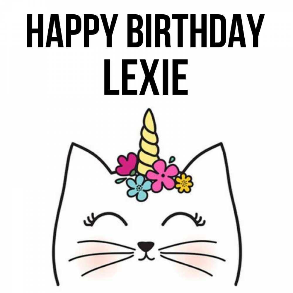 Greetings card с именем, Lexie Happy Birthday милый кот с одним рожком Greetings with text for free download 