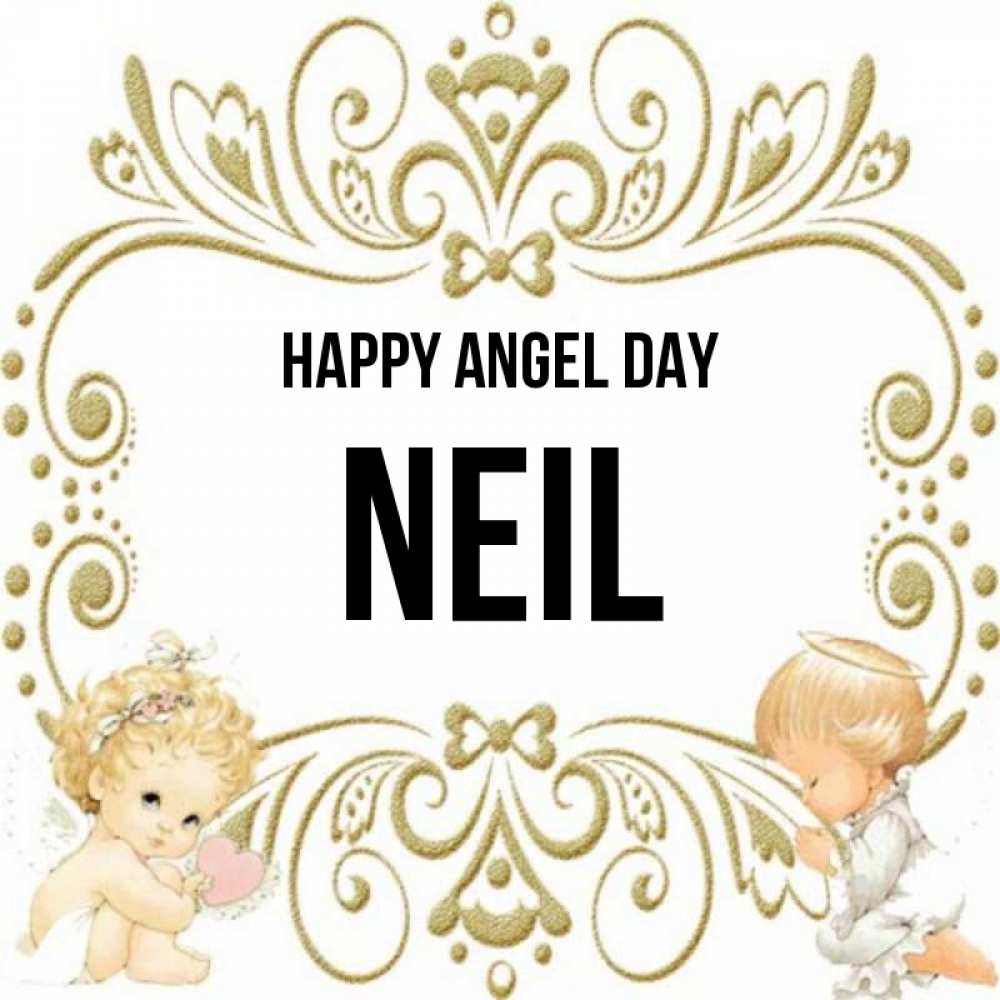 Greetings card с именем, Neil happy angel day с именинами поздравляют два красивых ангела. Один с сердечком другой молится Greetings with text for free download 