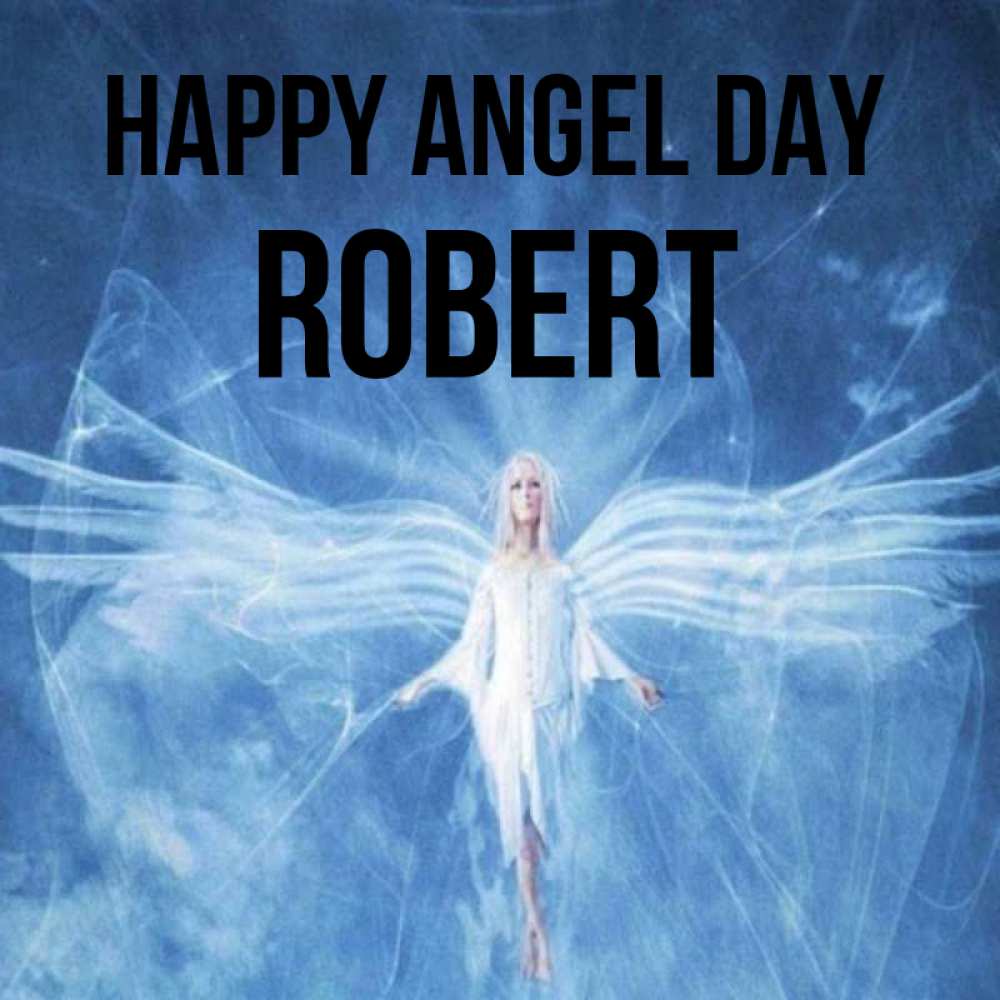 Greetings card с именем, Robert happy angel day голубой фон и крылья как у стрекозы Greetings with text for free download 