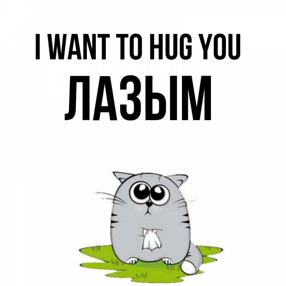 Greetings card с именем, ЛАЗЫМ I want to hug you котик теребит платочек сидя на травке Greetings with text for free download 