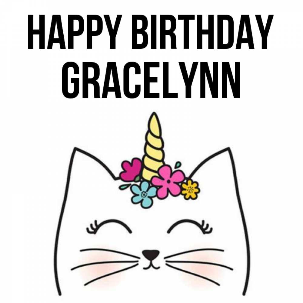 Greetings card с именем, Gracelynn Happy Birthday милый кот с одним рожком Greetings with text for free download 