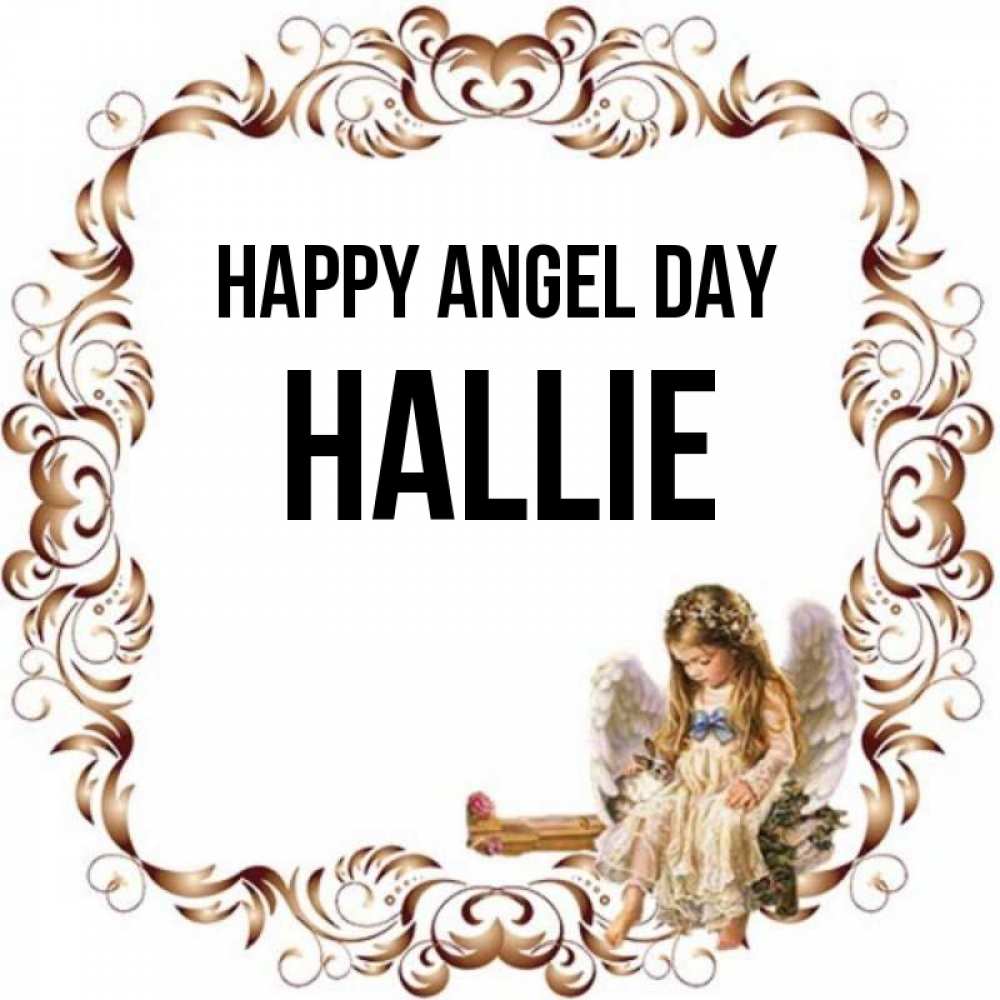Greetings card с именем, Hallie happy angel day рамочка из перьев и ангелочек Greetings with text for free download 