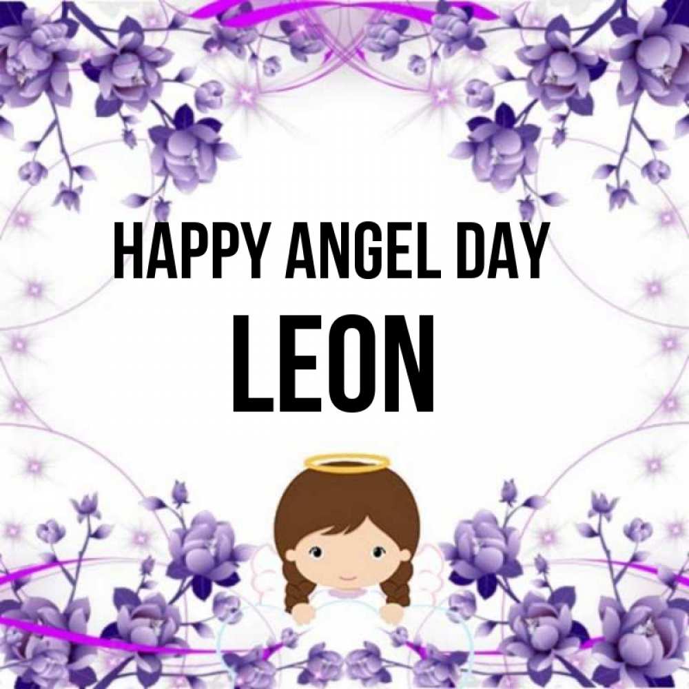 Greetings card с именем, Leon happy angel day с именинами в рамочке Greetings with text for free download 