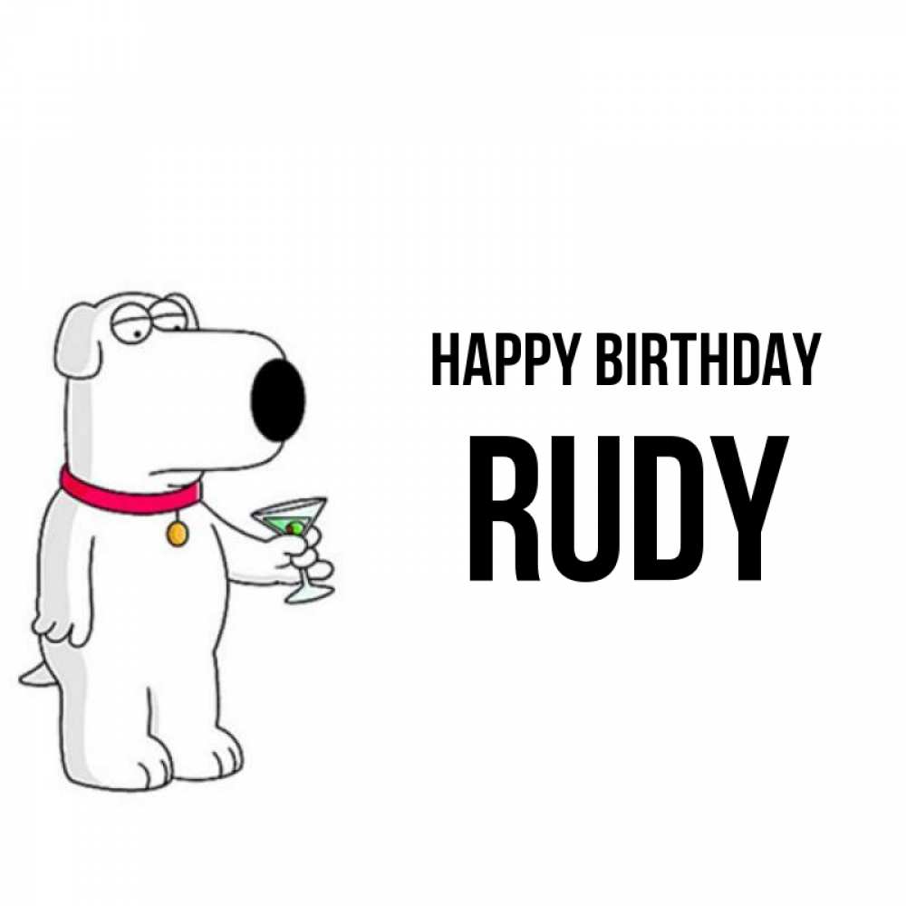 Greetings card с именем, Rudy Happy Birthday песик с оливками Greetings with text for free download 