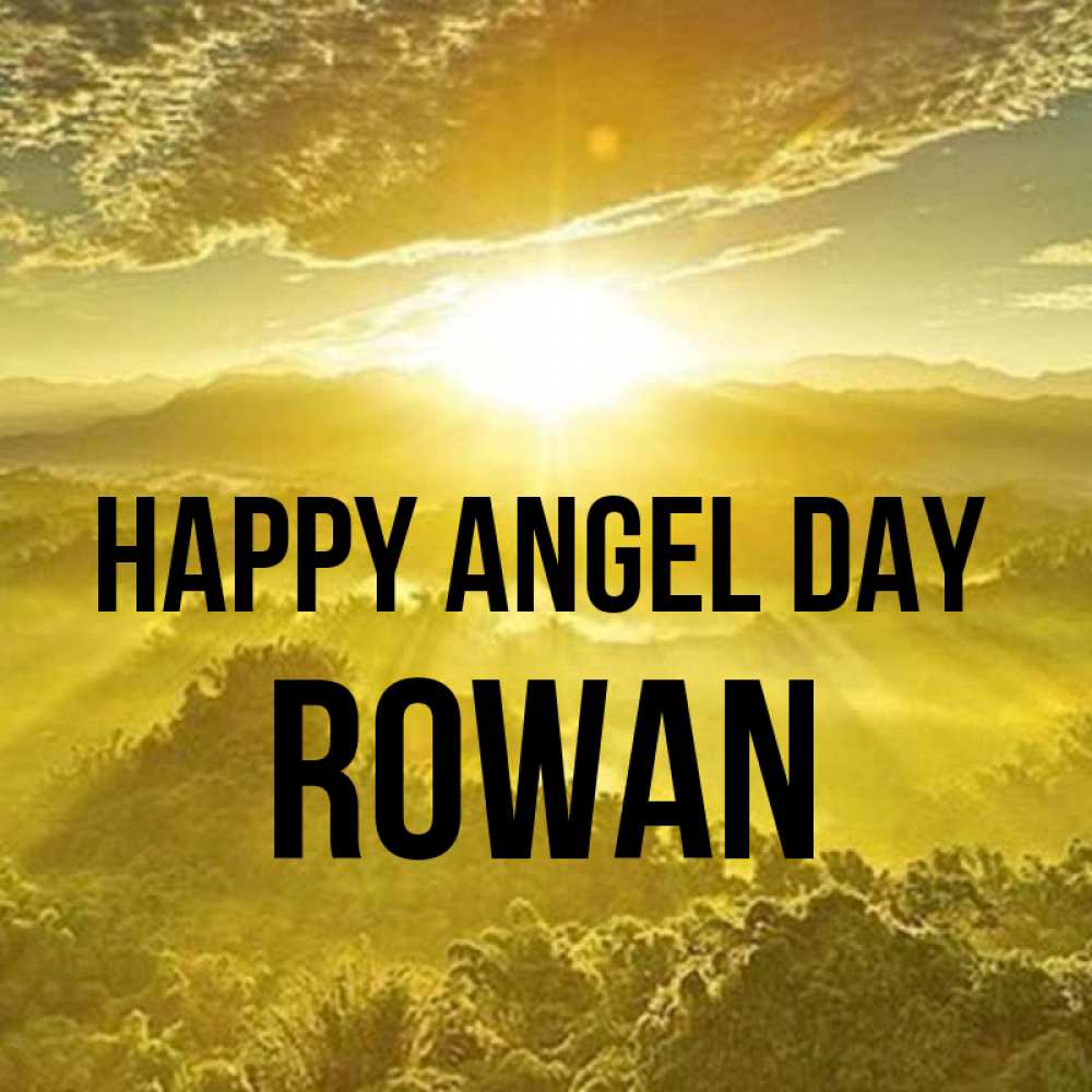 Greetings card с именем, Rowan happy angel day леса и небо в желтом Greetings with text for free download 