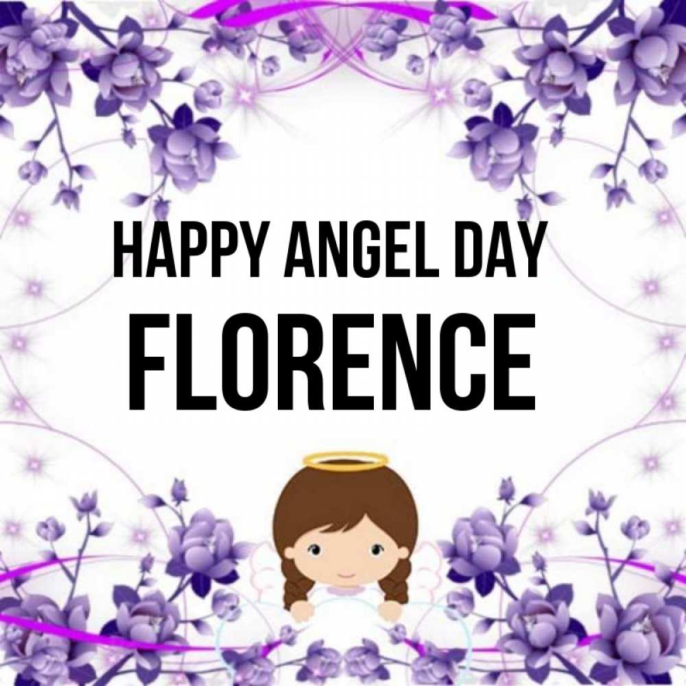 Greetings card с именем, Florence happy angel day с именинами в рамочке Greetings with text for free download 