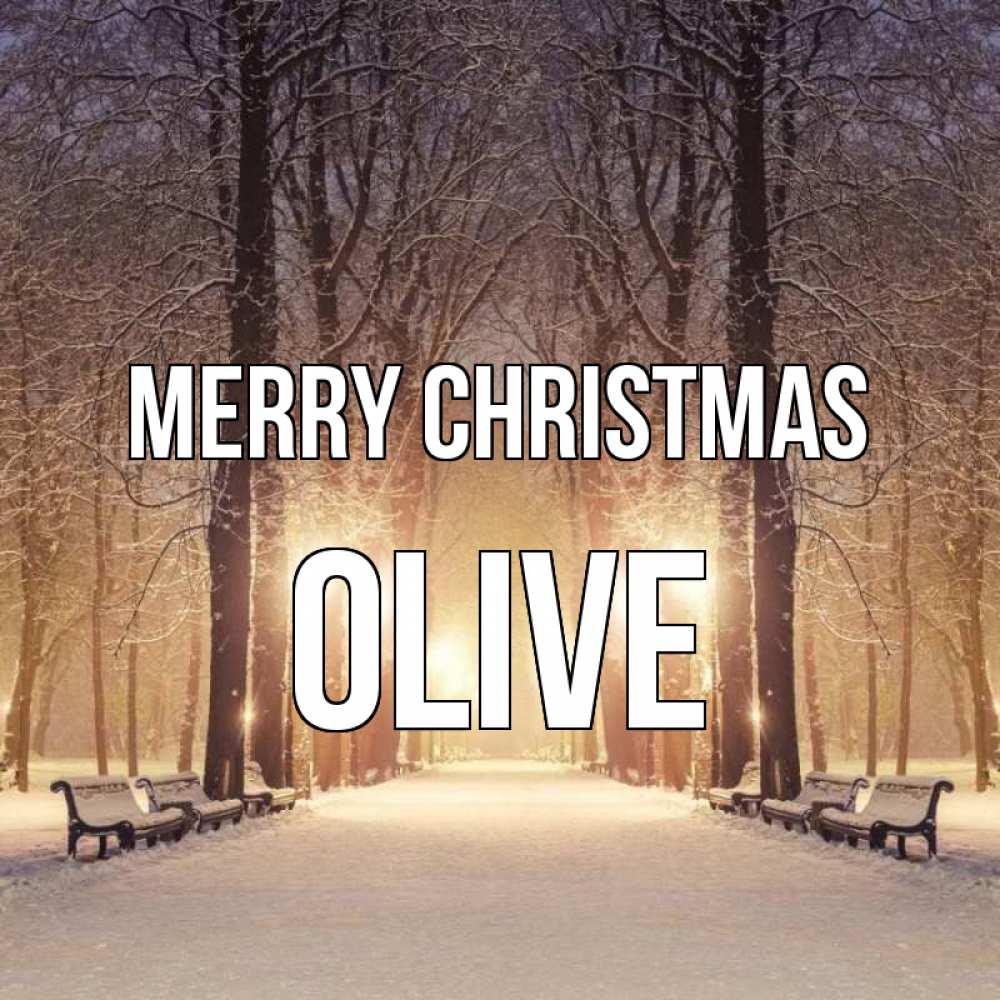 Greetings card с именем, Olive Merry Christmas зима, парк, фонарь, лес Greetings with text for free download 