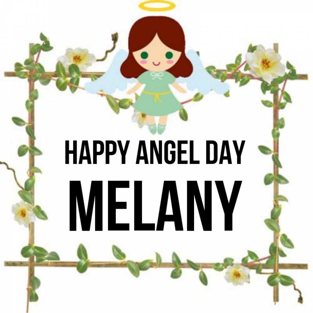 Greetings card с именем, Melany happy angel day Ангел с нимбом Greetings with text for free download 
