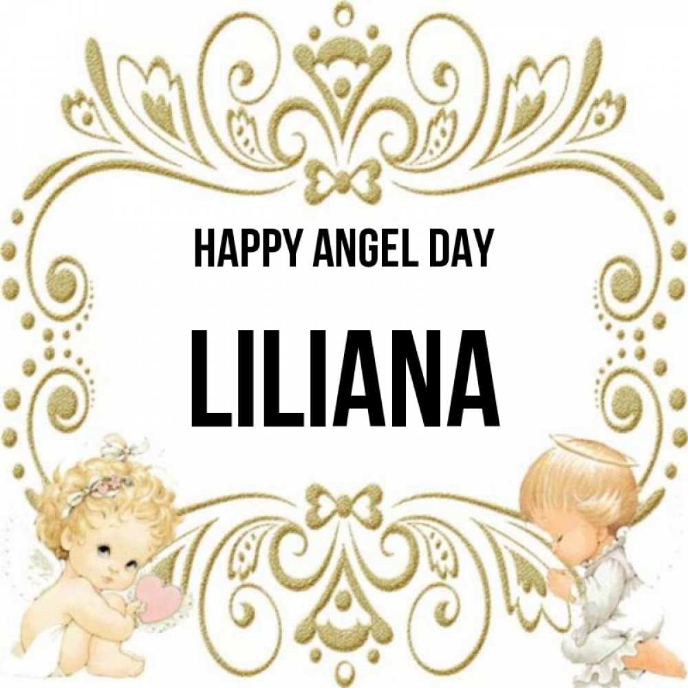 Greetings card с именем, Liliana happy angel day с именинами поздравляют два красивых ангела. Один с сердечком другой молится Greetings with text for free download 