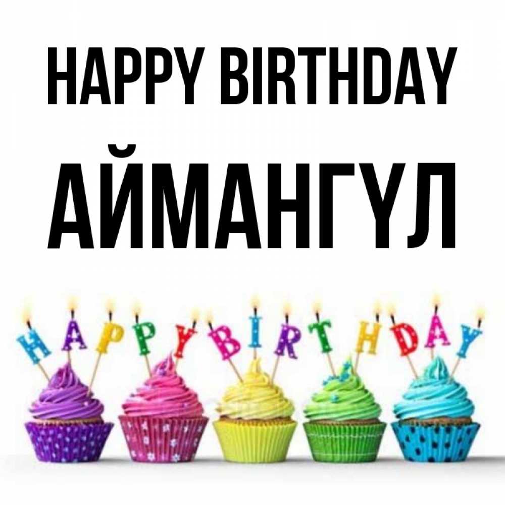 Greetings card с именем, Аймангүл Happy Birthday открытка ко дню рождения с разноцветными вкусняшками Greetings with text for free download 