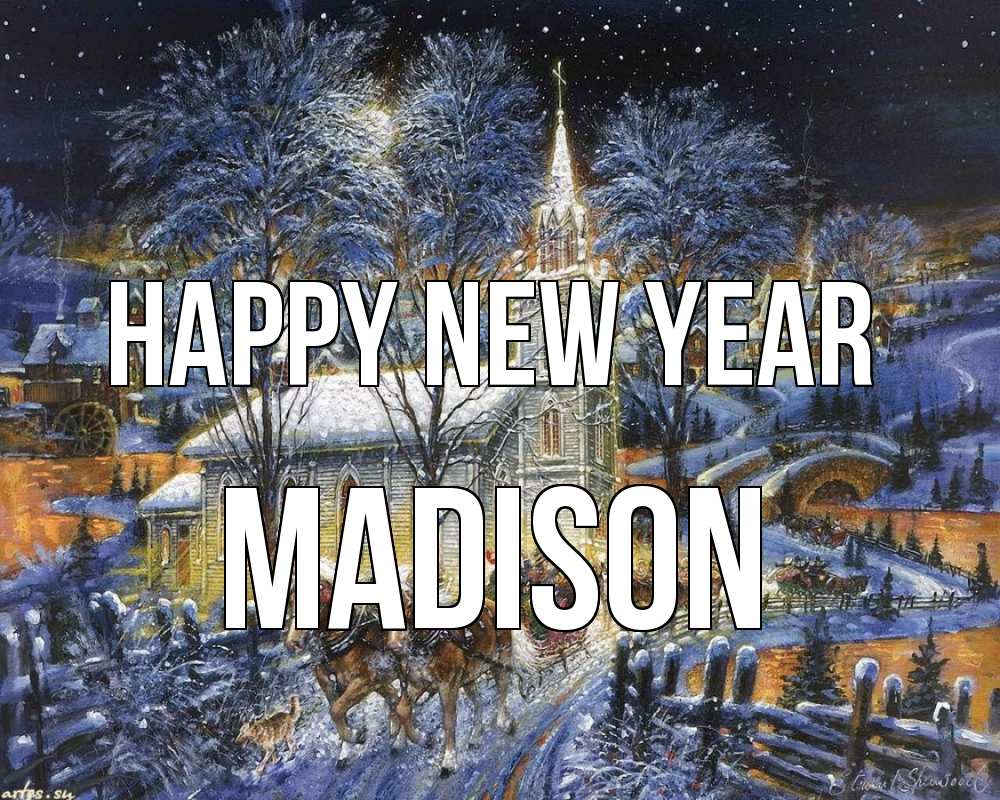 Greetings card с именем, Madison Happy New Year упряжка лошадей, лошади, новый год Greetings with text for free download 
