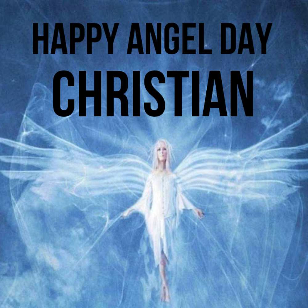 Greetings card с именем, Christian happy angel day голубой фон и крылья как у стрекозы Greetings with text for free download 