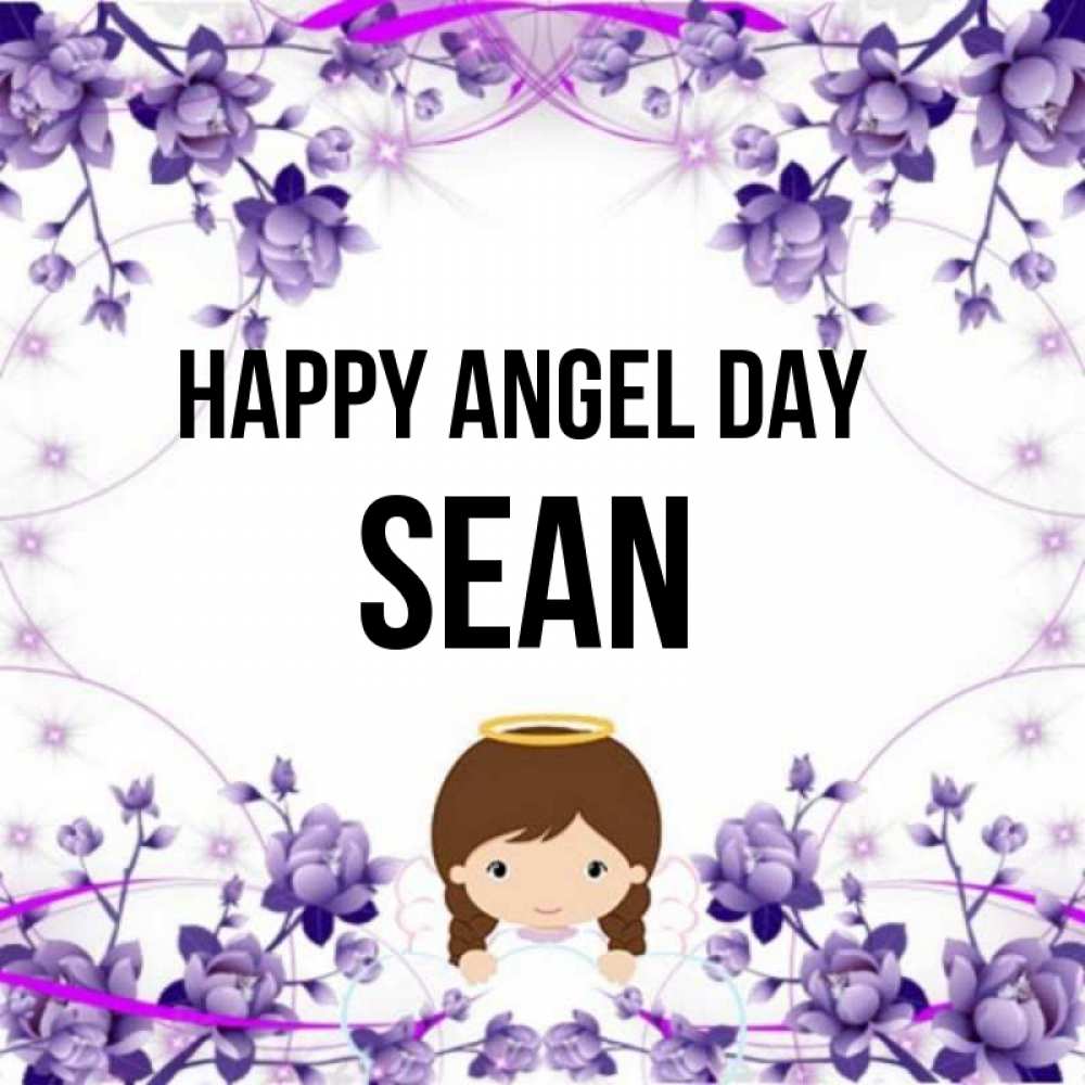 Greetings card с именем, Sean happy angel day с именинами в рамочке Greetings with text for free download 