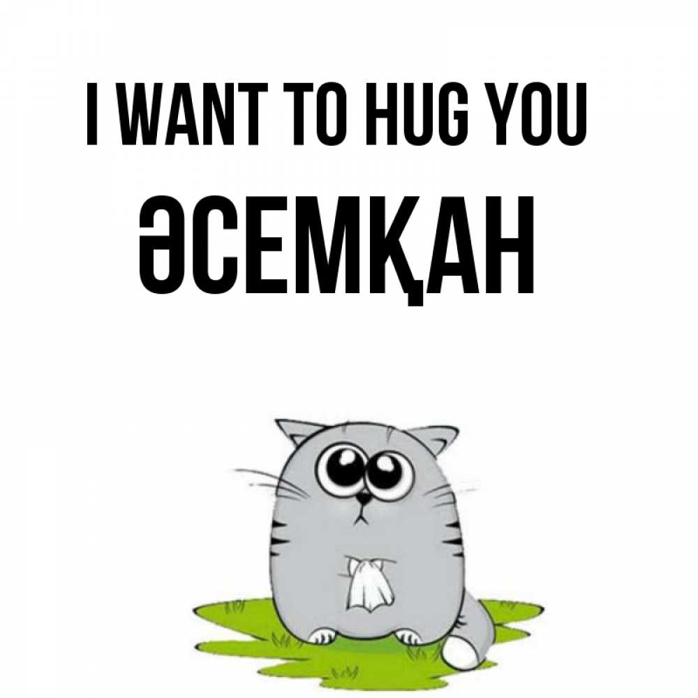 Greetings card с именем, ӘСЕМҚАН I want to hug you котик теребит платочек сидя на травке Greetings with text for free download 