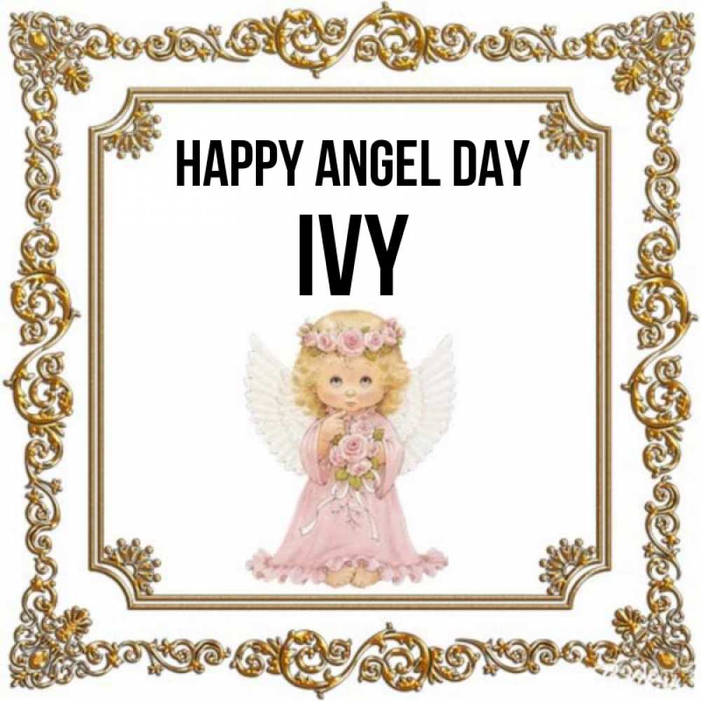 Greetings card с именем, Ivy happy angel day девочка ангел с крыльями и цветами в розовом платье Greetings with text for free download 