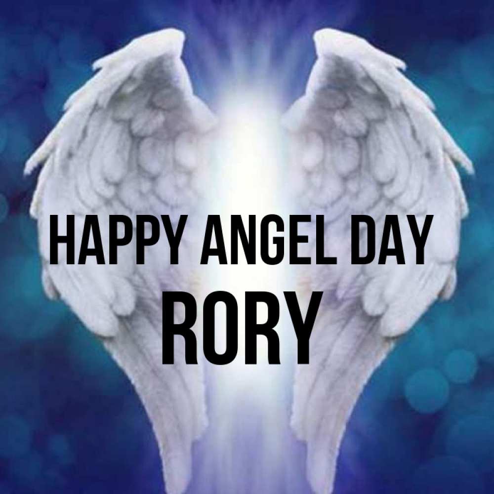 Greetings card с именем, Rory happy angel day синий фон и крылышки Greetings with text for free download 
