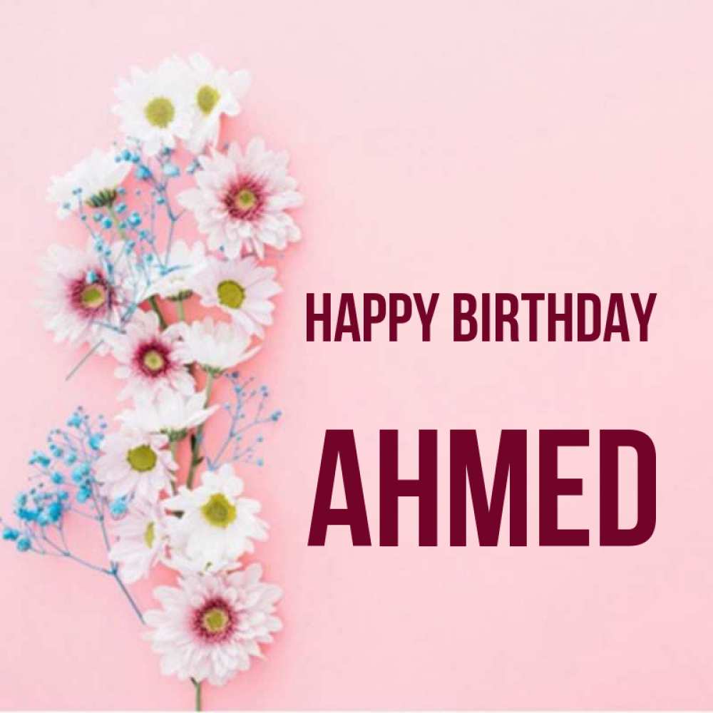 Greetings card с именем, Ahmed Happy Birthday Родная моя с днем рождения тебя картинка с цветами белыми и голубыми Greetings with text for free download 