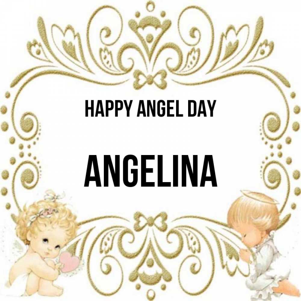Greetings card с именем, Angelina happy angel day с именинами поздравляют два красивых ангела. Один с сердечком другой молится Greetings with text for free download 