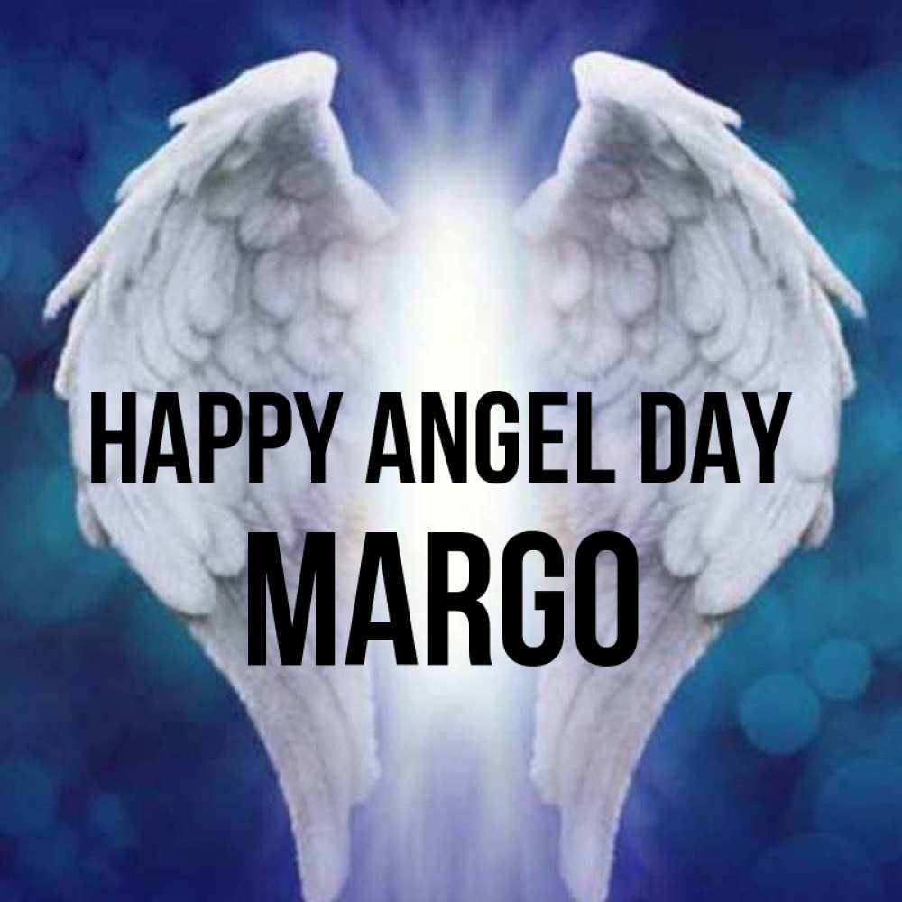 Greetings card с именем, Margo happy angel day синий фон и крылышки Greetings with text for free download 