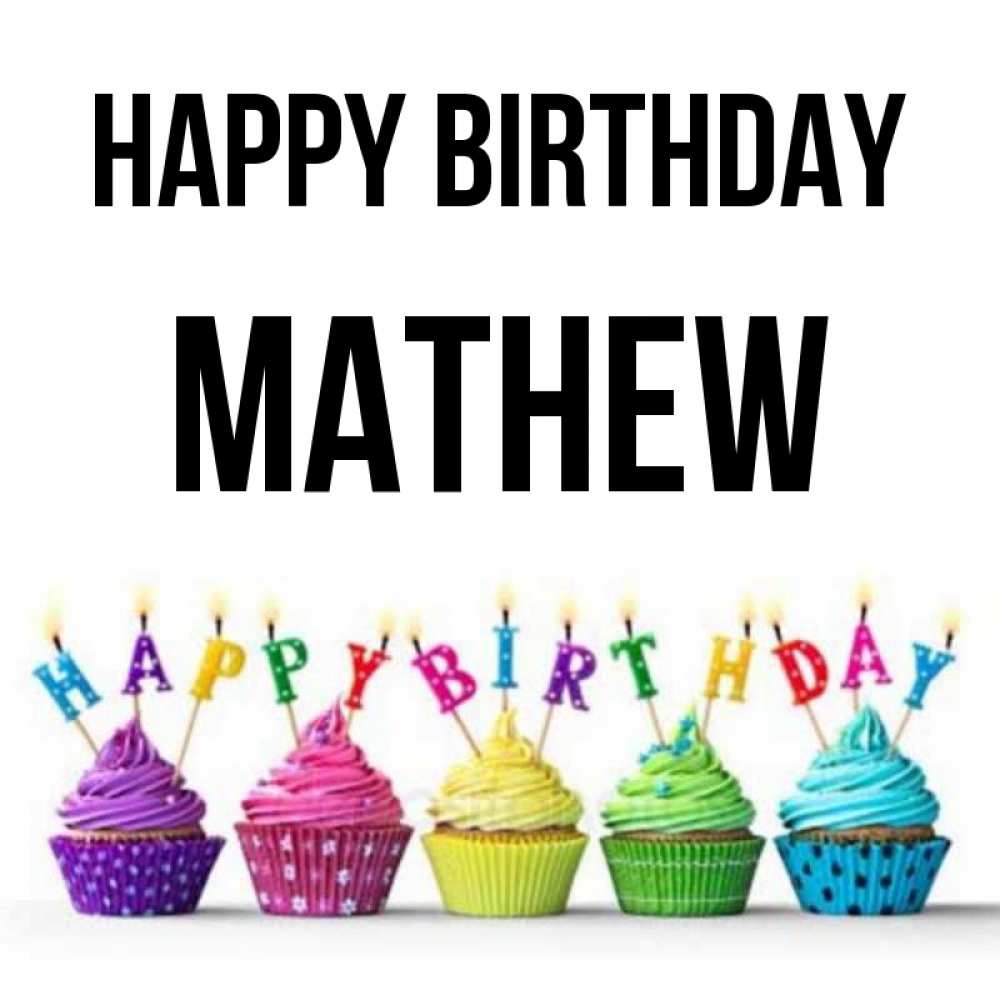 Greetings card с именем, Mathew Happy Birthday открытка ко дню рождения с разноцветными вкусняшками Greetings with text for free download 