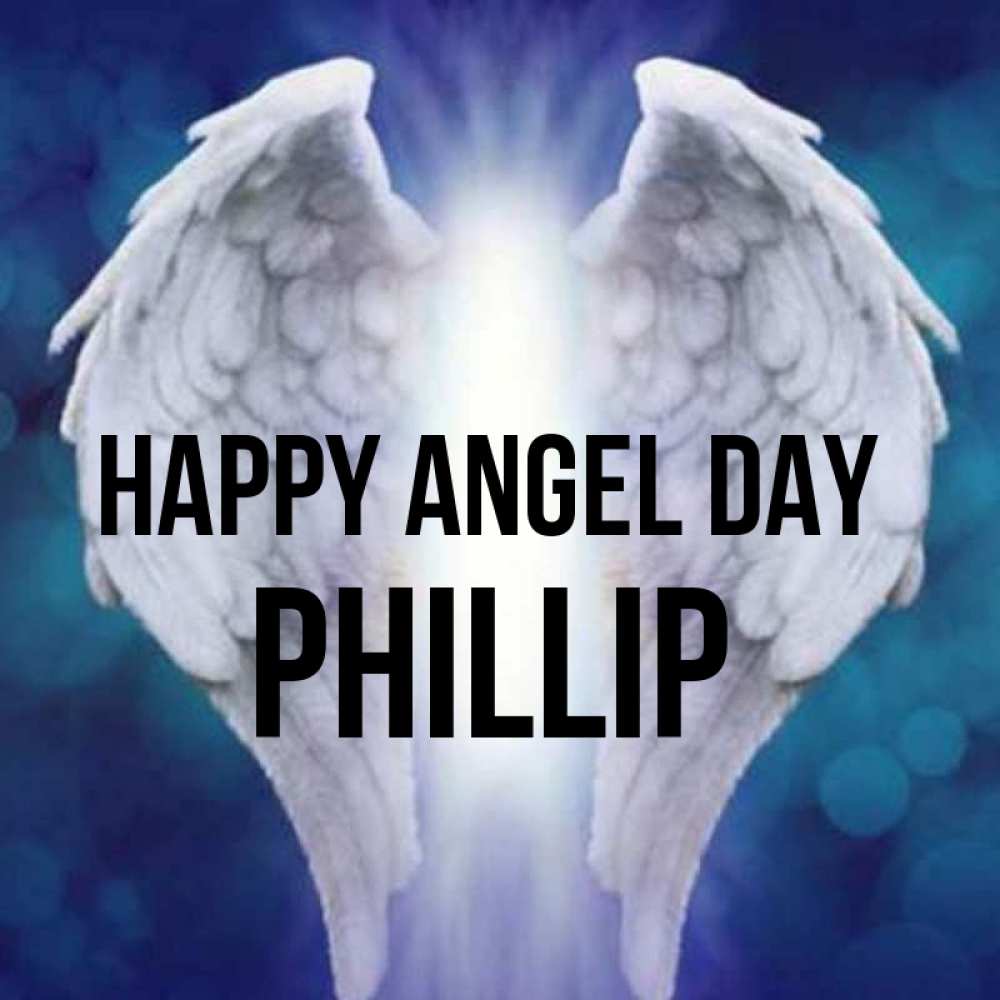 Greetings card с именем, Phillip happy angel day синий фон и крылышки Greetings with text for free download 