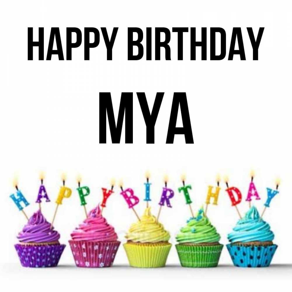 Greetings card с именем, Mya Happy Birthday открытка ко дню рождения с разноцветными вкусняшками Greetings with text for free download 