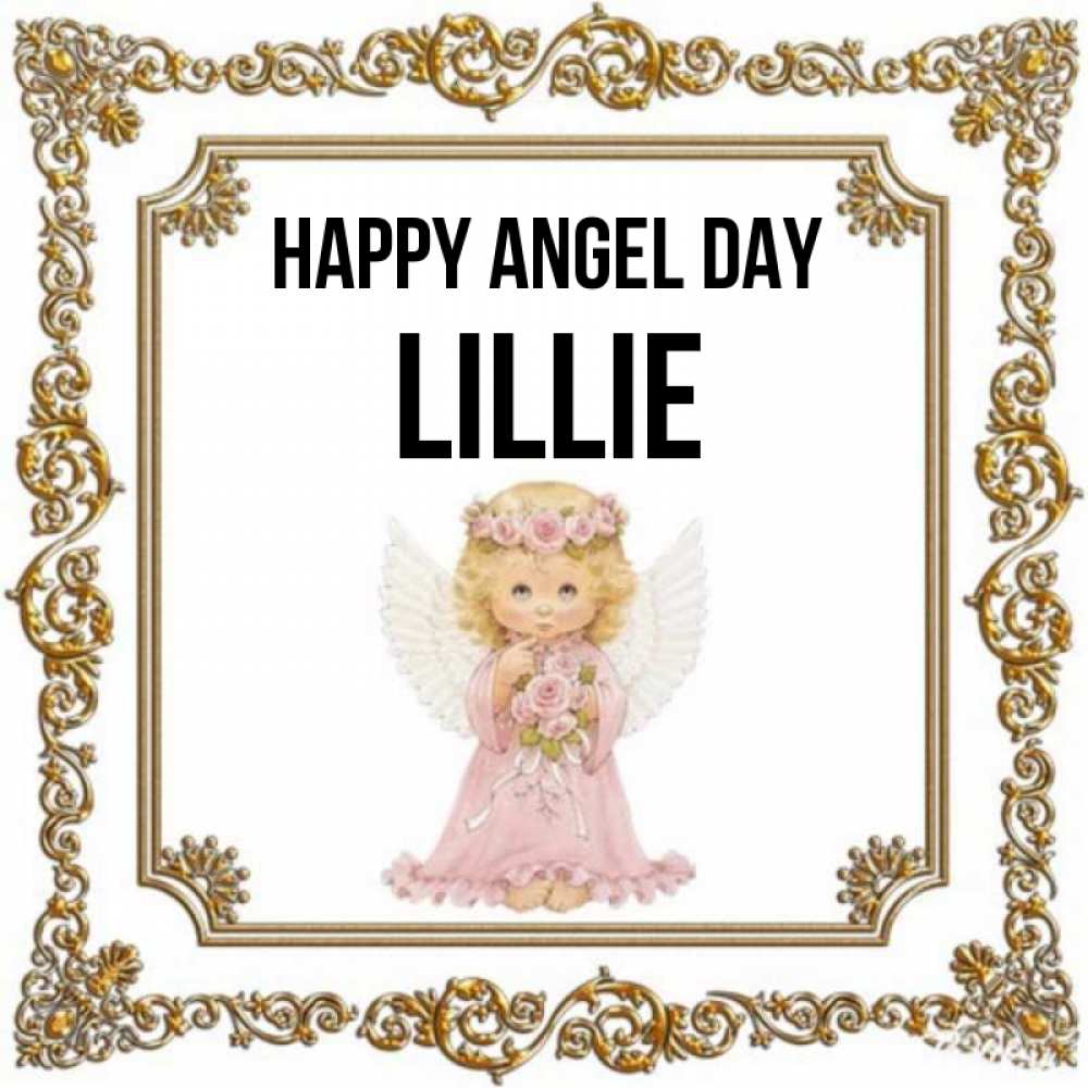 Greetings card с именем, Lillie happy angel day девочка ангел с крыльями и цветами в розовом платье Greetings with text for free download 