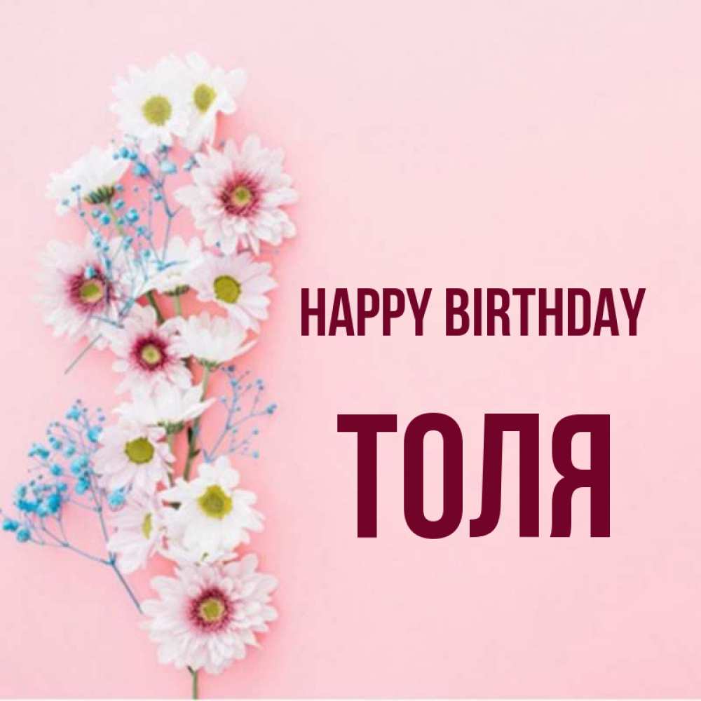 Greetings card с именем, Толя Happy Birthday Родная моя с днем рождения тебя картинка с цветами белыми и голубыми Greetings with text for free download 