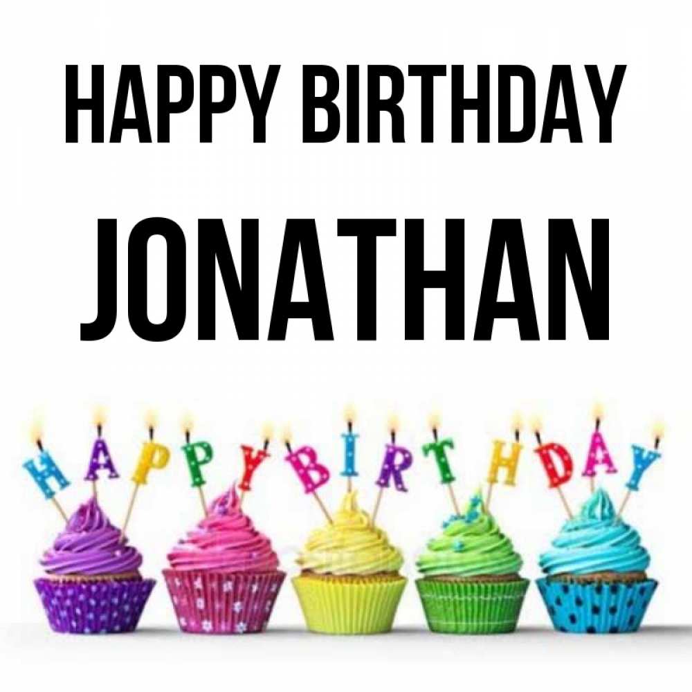 Greetings card с именем, Jonathan Happy Birthday открытка ко дню рождения с разноцветными вкусняшками Greetings with text for free download 