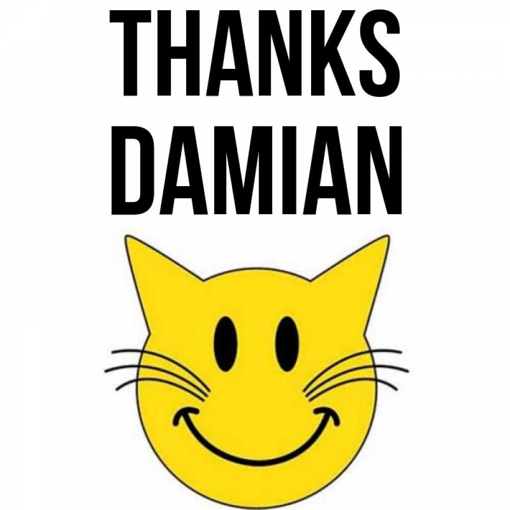 Greetings card с именем, Damian Thanks улыбающийся смайл кот Greetings with text for free download 