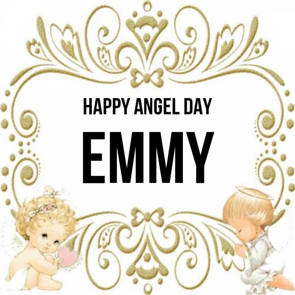 Greetings card с именем, Emmy happy angel day с именинами поздравляют два красивых ангела. Один с сердечком другой молится Greetings with text for free download 