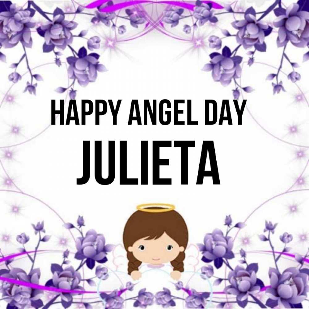 Greetings card с именем, Julieta happy angel day с именинами в рамочке Greetings with text for free download 
