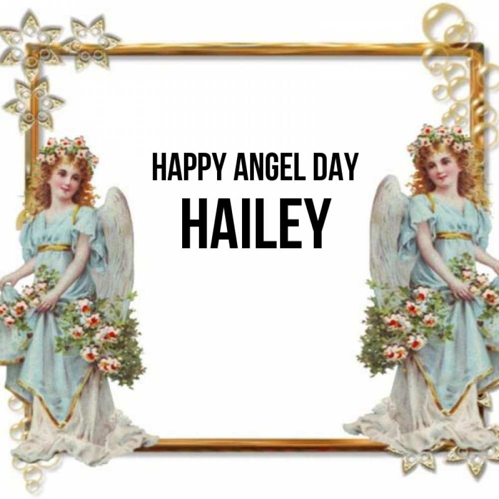 Greetings card с именем, Hailey happy angel day рамочка из золота и ангелы Greetings with text for free download 