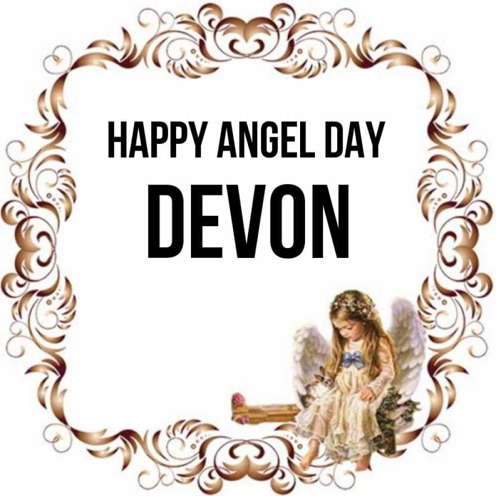 Greetings card с именем, Devon happy angel day рамочка из перьев и ангелочек Greetings with text for free download 