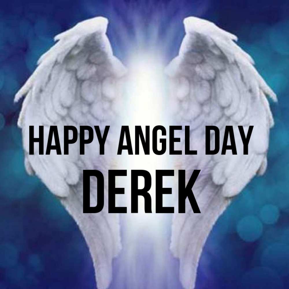Greetings card с именем, Derek happy angel day синий фон и крылышки Greetings with text for free download 