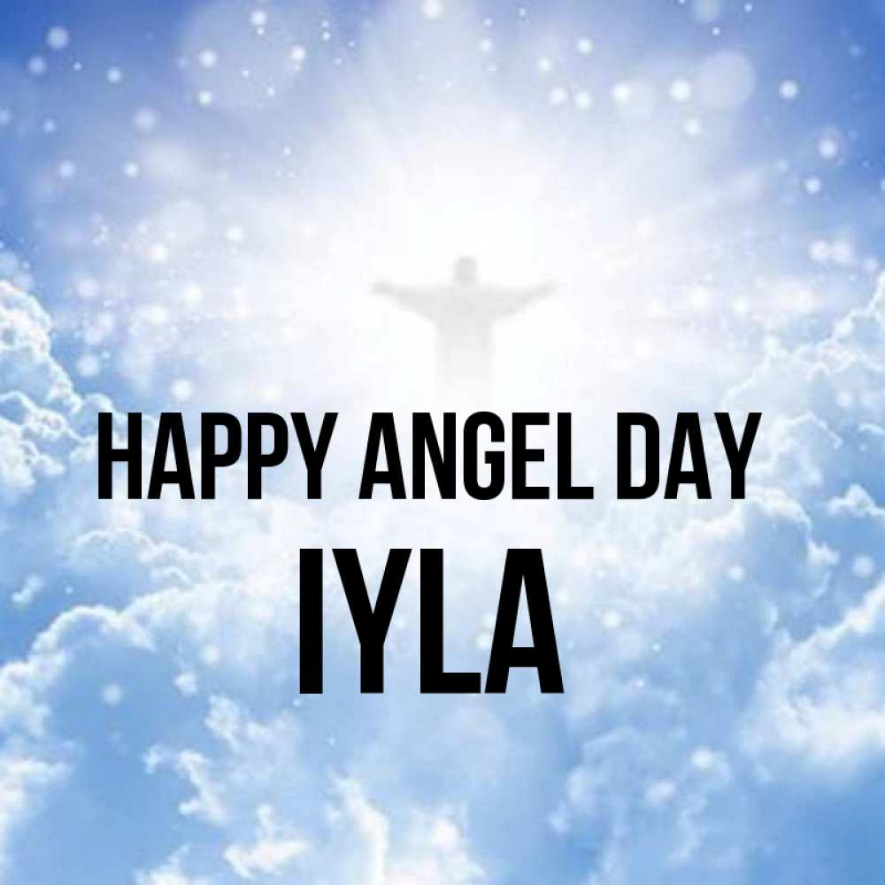 Greetings card с именем, Iyla happy angel day ангел на облаках в свете солнца Greetings with text for free download 
