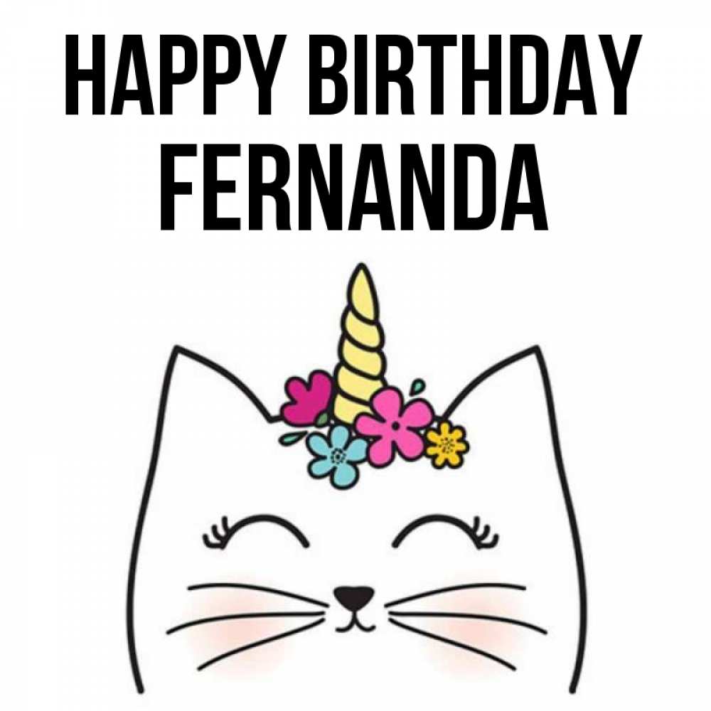 Greetings card с именем, Fernanda Happy Birthday милый кот с одним рожком Greetings with text for free download 