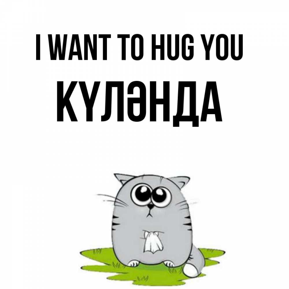 Greetings card с именем, КҮЛӘНДА I want to hug you котик теребит платочек сидя на травке Greetings with text for free download 