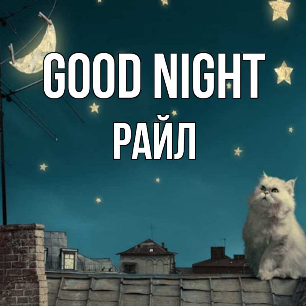 Greetings card с именем, РАЙЛ Good night белый кот сидит на крыше Greetings with text for free download 