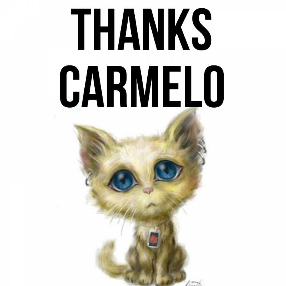 Greetings card с именем, Carmelo Thanks рисованный кот благодарит вас Greetings with text for free download 