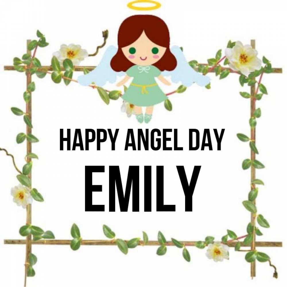 Greetings card с именем, Emily happy angel day Ангел с нимбом Greetings with text for free download 