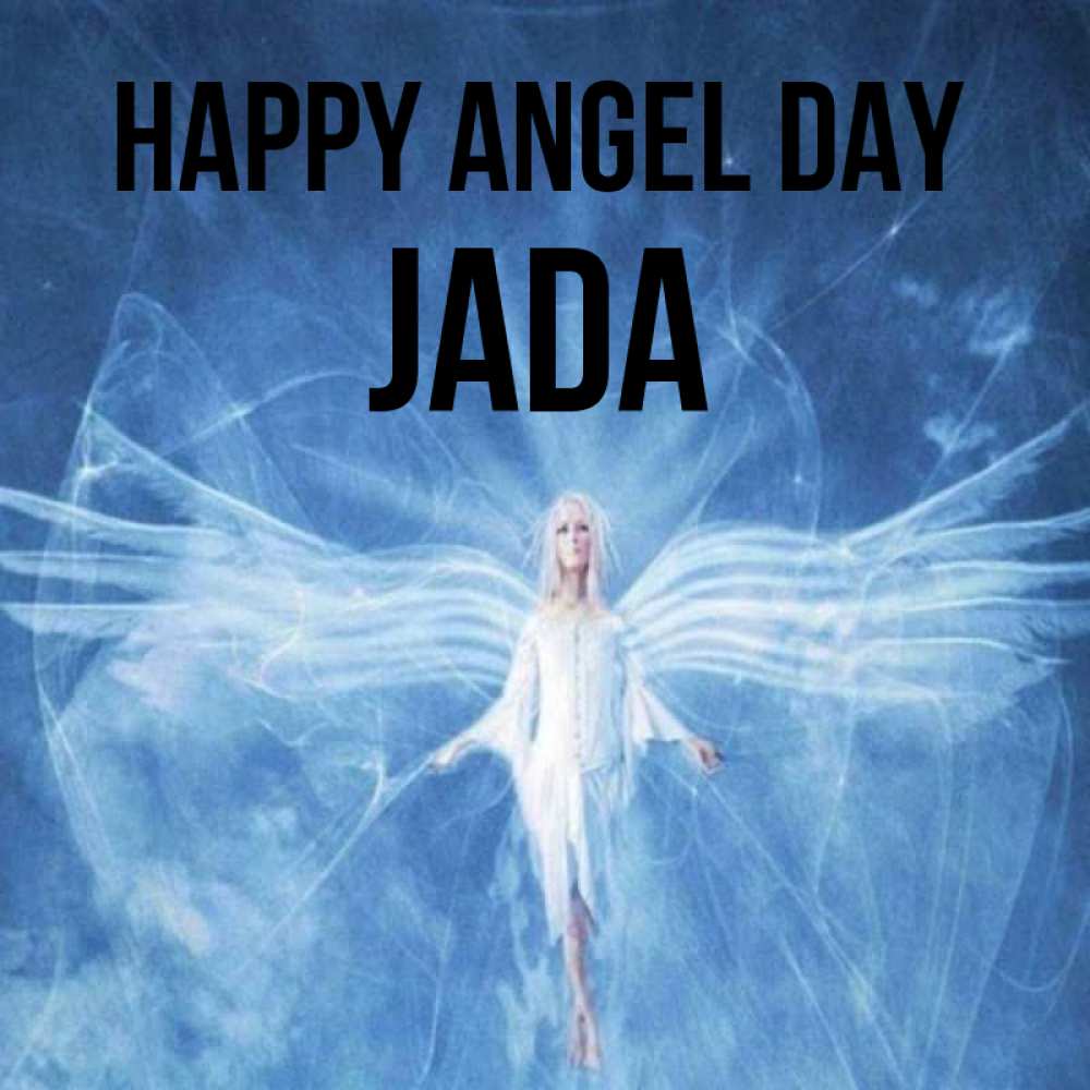 Greetings card с именем, Jada happy angel day голубой фон и крылья как у стрекозы Greetings with text for free download 