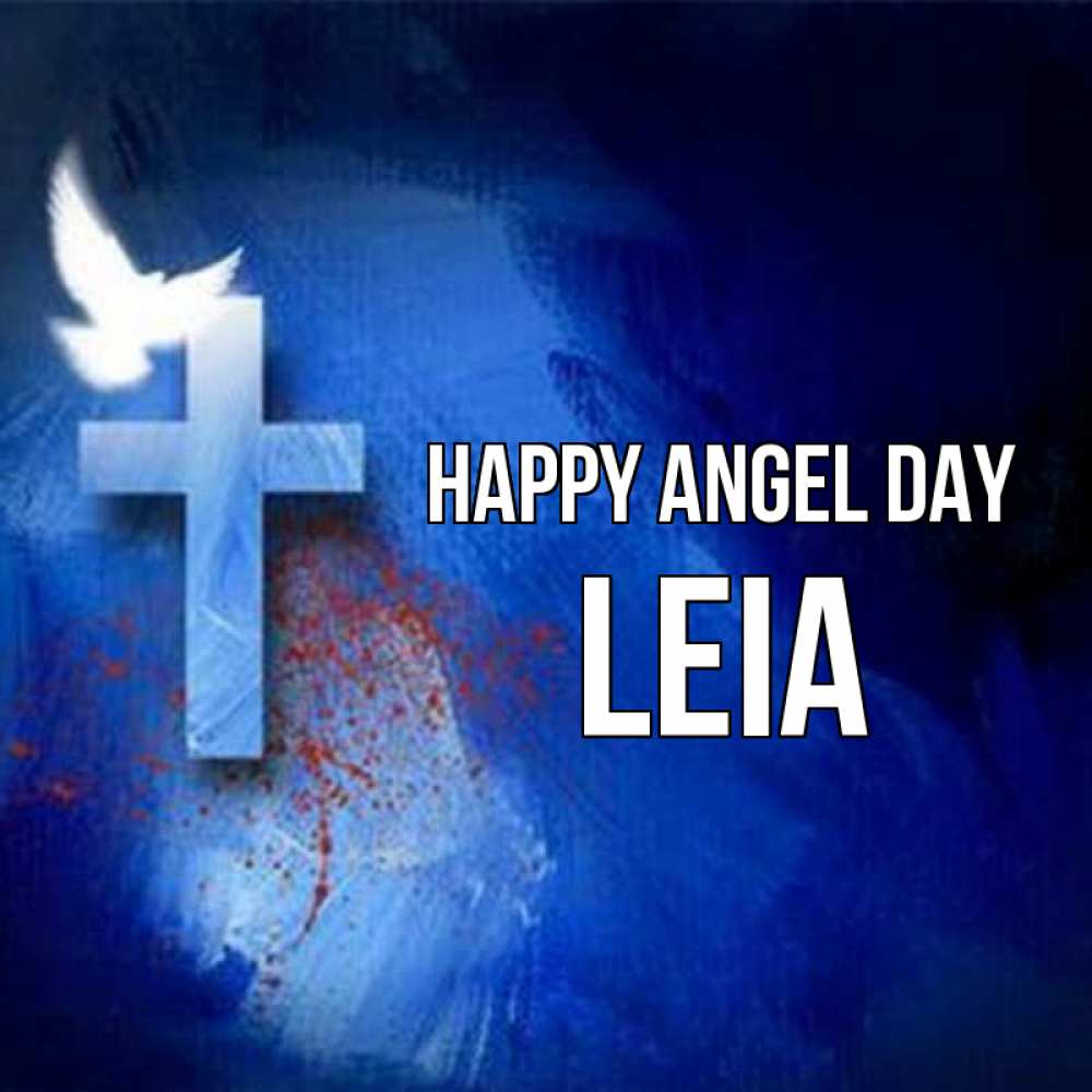 Greetings card с именем, Leia happy angel day Синий фон и птица Greetings with text for free download 