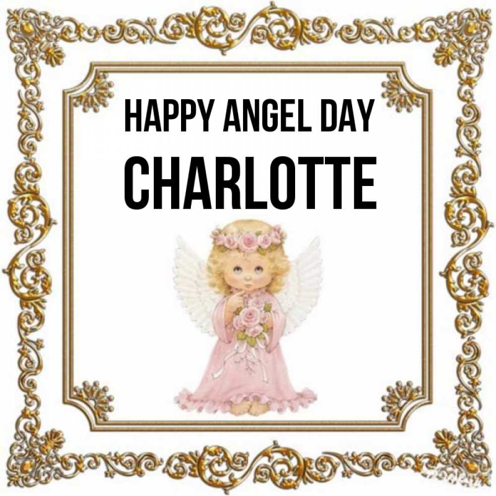 Greetings card с именем, Charlotte happy angel day девочка ангел с крыльями и цветами в розовом платье Greetings with text for free download 