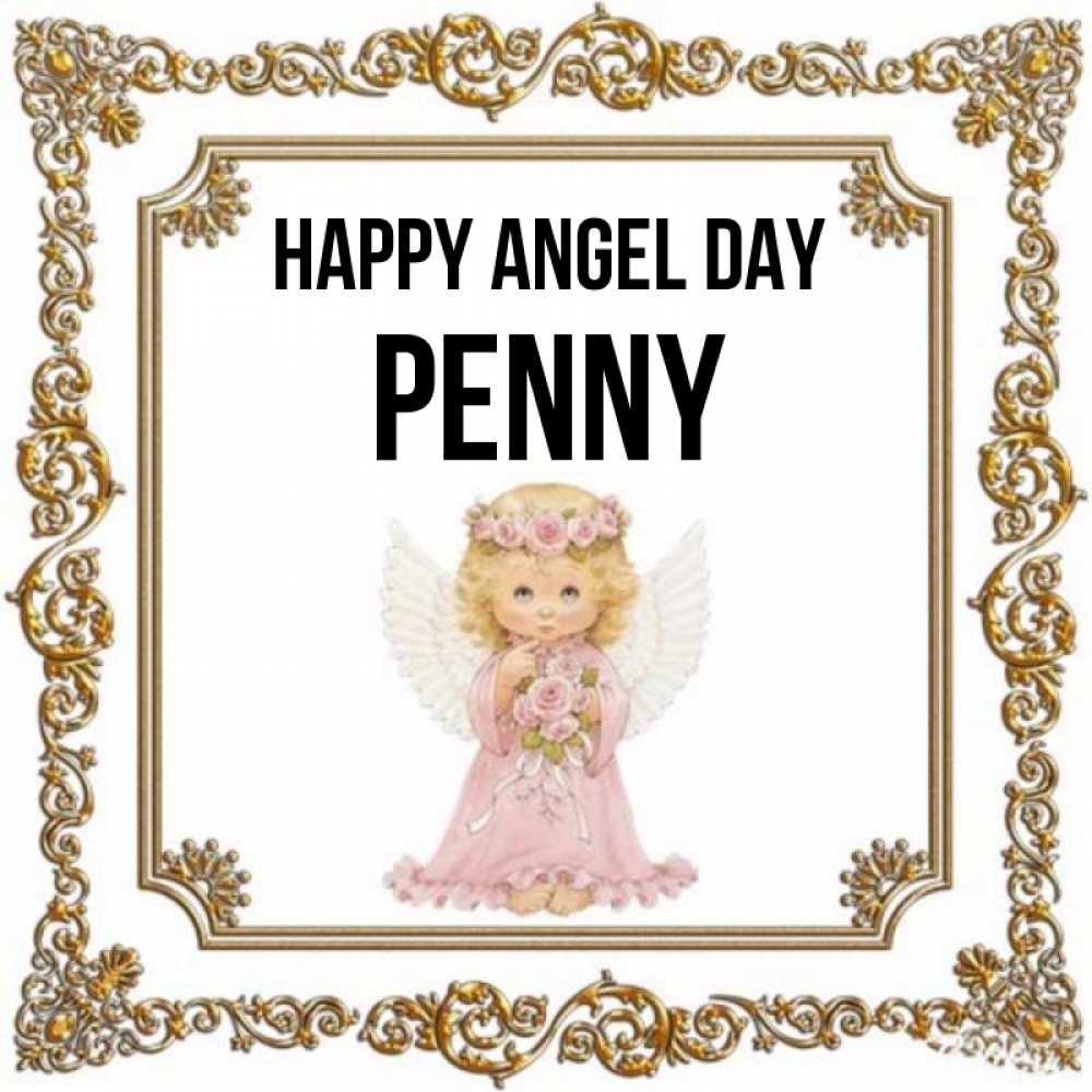 Greetings card с именем, Penny happy angel day девочка ангел с крыльями и цветами в розовом платье Greetings with text for free download 