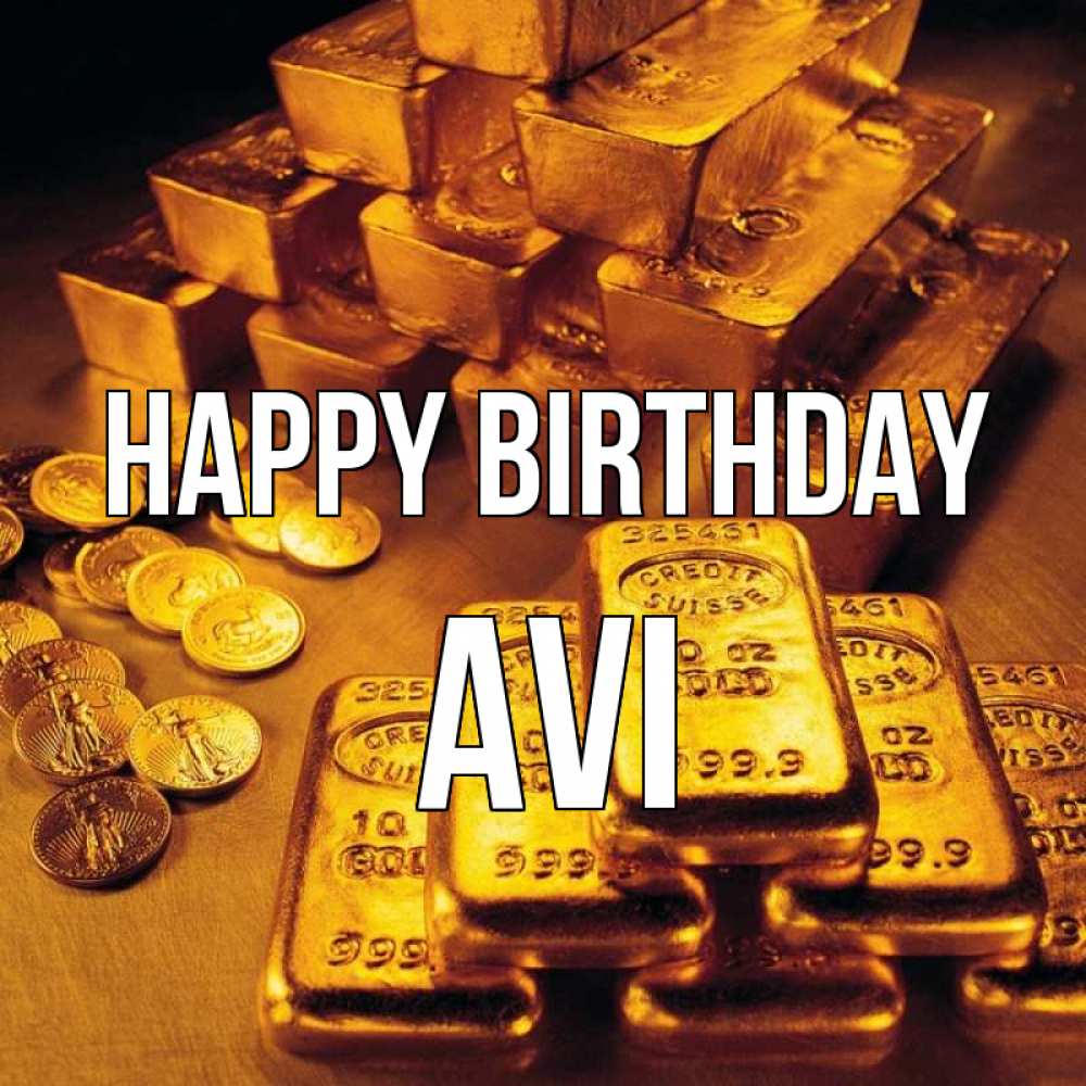 Greetings card с именем, Avi Happy Birthday со слитками золота и золотыми монетами Greetings with text for free download 