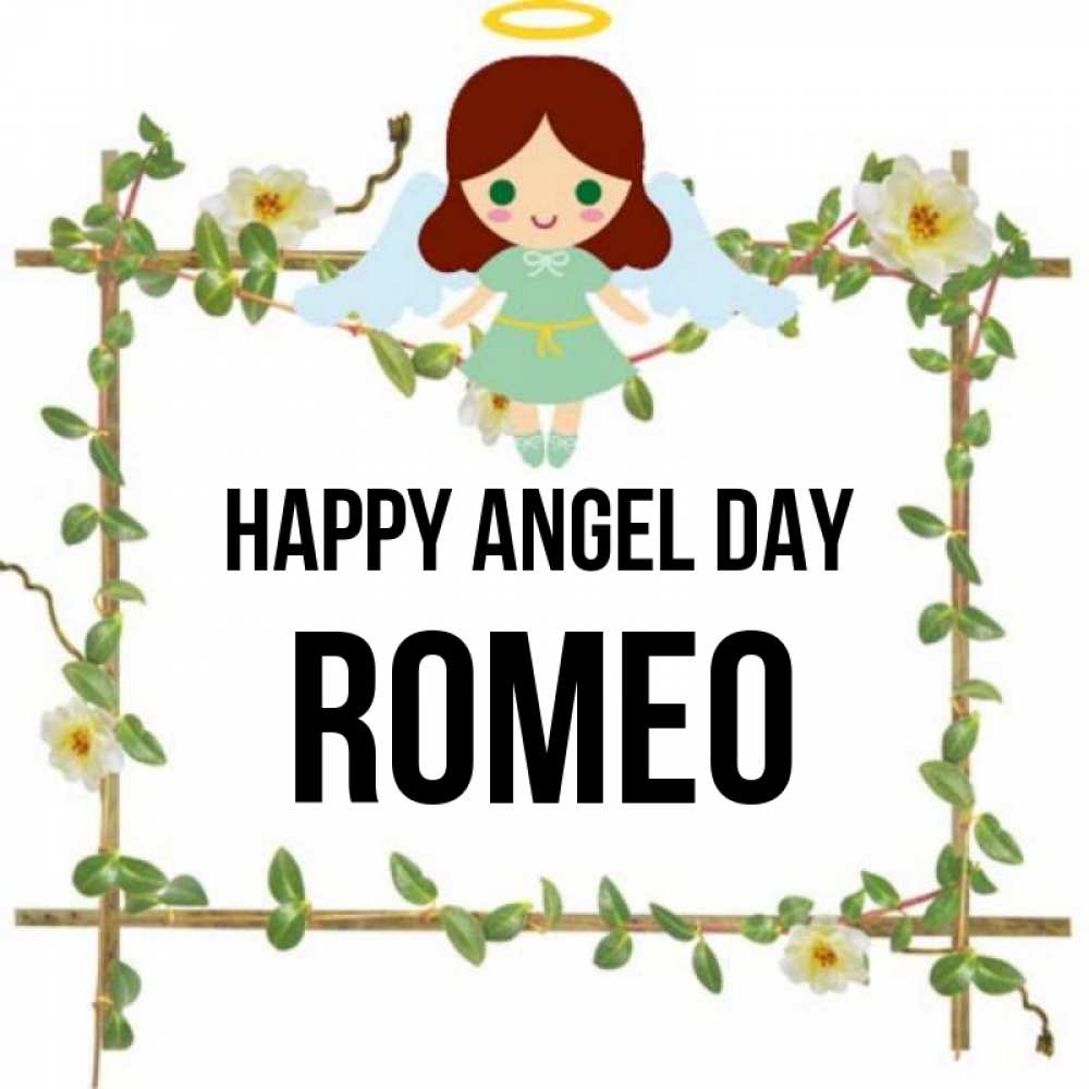 Greetings card с именем, Romeo happy angel day Ангел с нимбом Greetings with text for free download 
