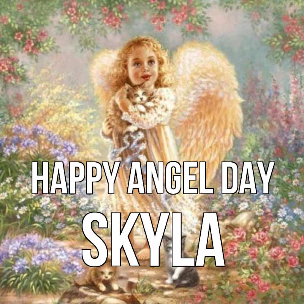 Greetings card с именем, Skyla happy angel day держит котенка Greetings with text for free download 