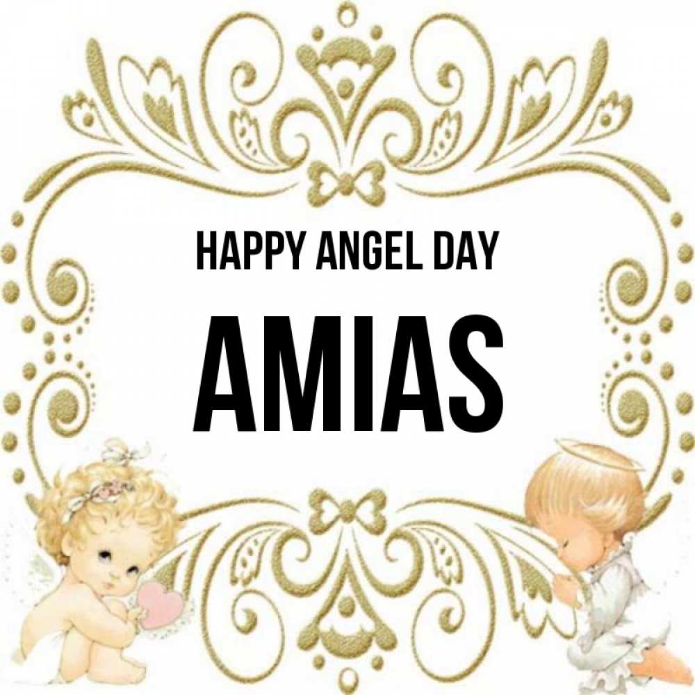Greetings card с именем, Amias happy angel day с именинами поздравляют два красивых ангела. Один с сердечком другой молится Greetings with text for free download 