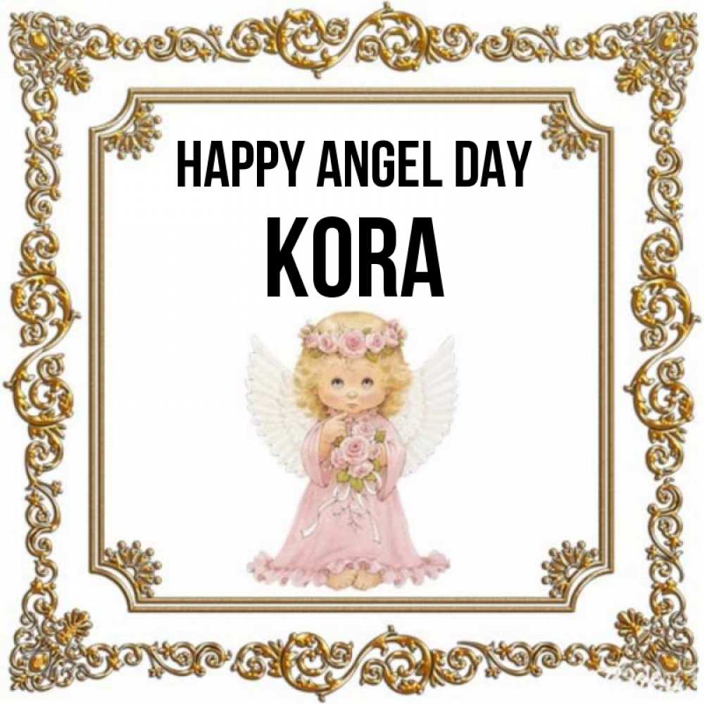 Greetings card с именем, Kora happy angel day девочка ангел с крыльями и цветами в розовом платье Greetings with text for free download 